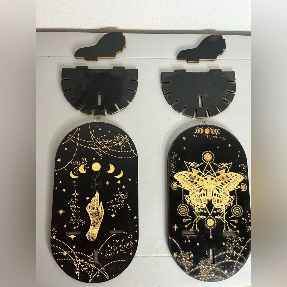 Set of 2 Mystical Boho Wooden Wall Shelves with Celestial & Moth Art Engraving